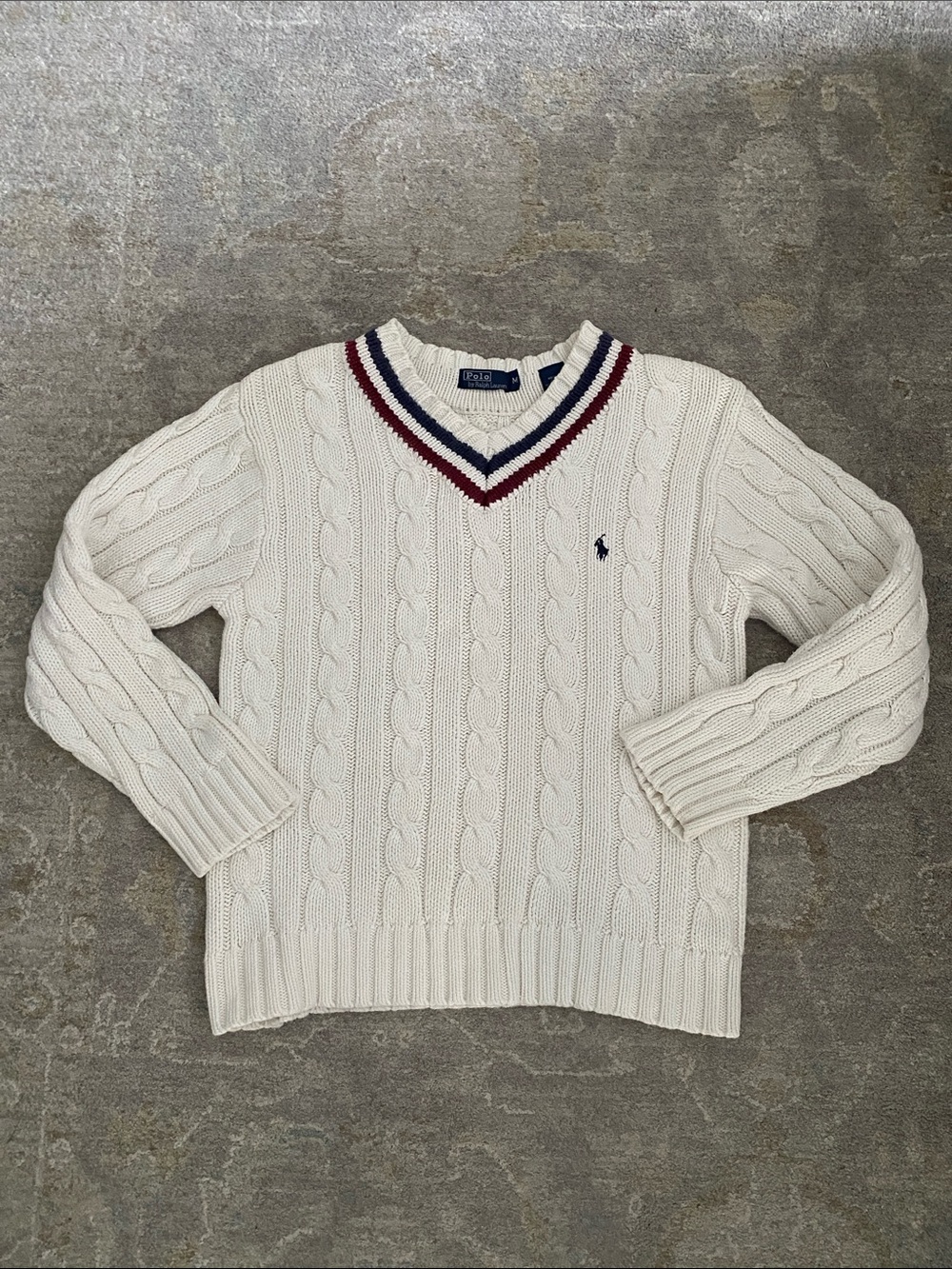 Polo Ralph Lauren Cream Cable Knit V-Neck Sweater with Red Navy Trim TennisCore